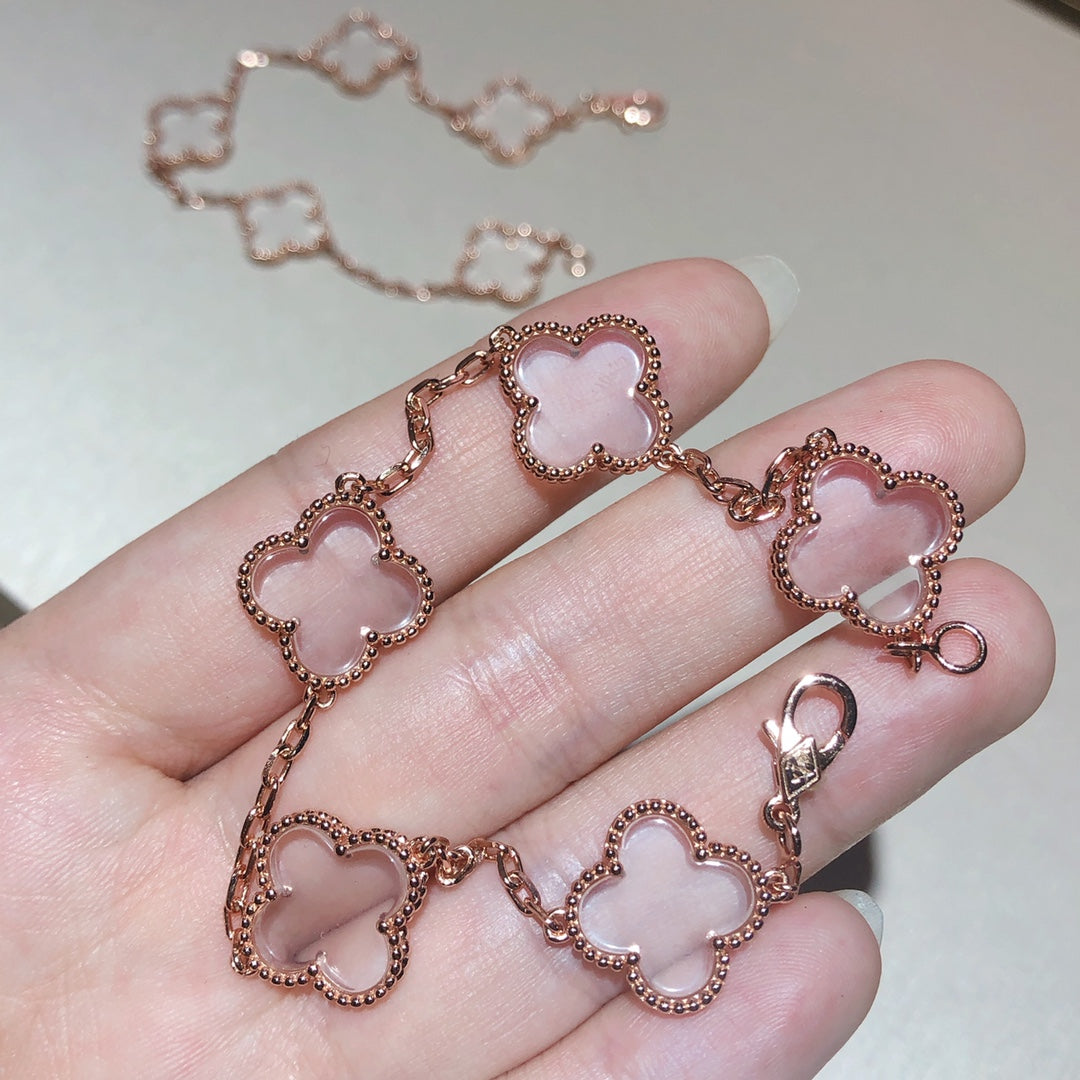 [Moco]CLOVER 5 MOTIF ROCK CRYSTAL PINK GOLD BRACELET