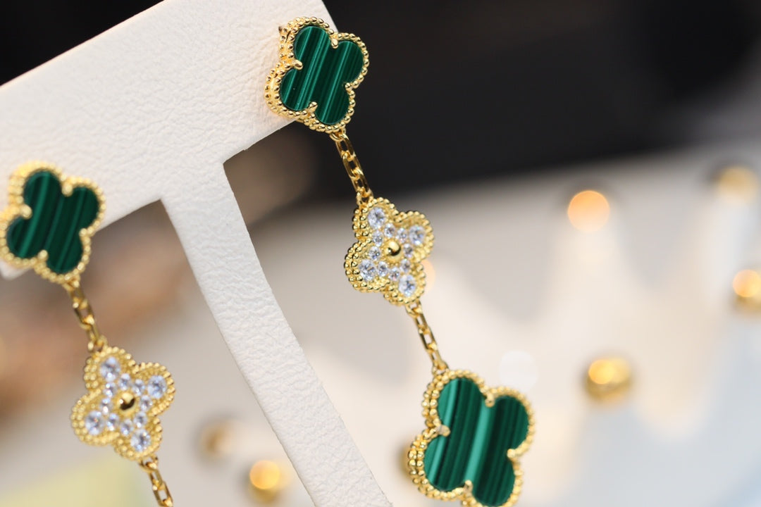 [Moco]CLOVER EARRINGS GOLD MALACHITE DIAMOND 3 MOTIF