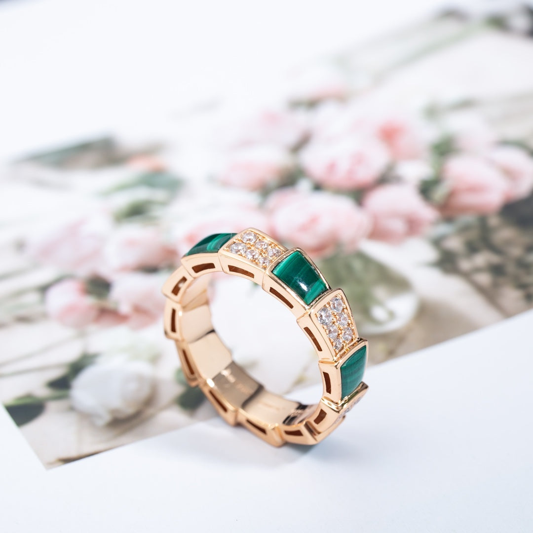 [Moco]SERPENTI RING PINK GOLD MALACHITE DIAMOND PAVED 4MM