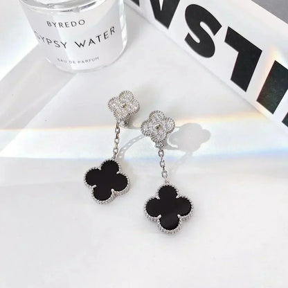 [Moco]CLOVER 2 MOTIFS  DIAMOND ONYX EARRINGS SILVER