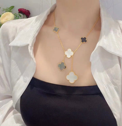 [Moco]CLOVER 6 MOTIF MOP ONYX GOLD NECKLACE