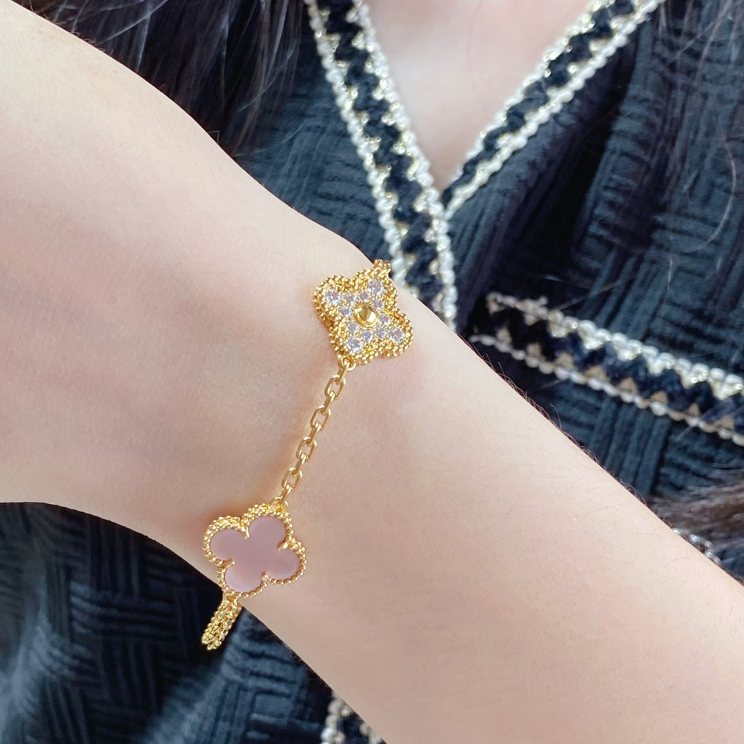 [Moco]CLOVER 5 MOTIF DIAMOND PINK MOP PINK GOLD BRACELET