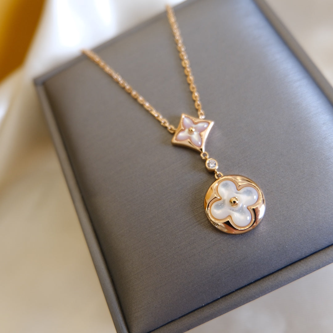 [Moco]STAR AND SUN WHITE MOP 2 MOTIF PINK GOLD NECKLACE