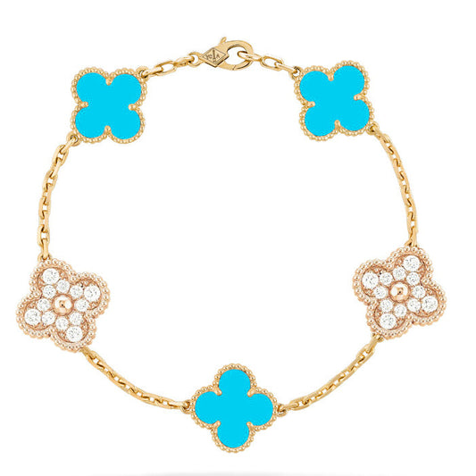 [Moco]CLOVER 5 MOTIF TURQUOISE DIAMOND GOLD BRACELET