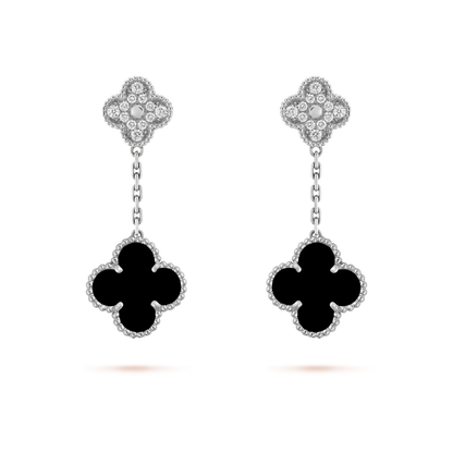 [Moco]CLOVER 2 MOTIFS  DIAMOND ONYX EARRINGS SILVER