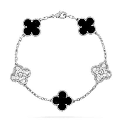 [Moco]CLOVER 5 MOTIF ONYXS DIAMOND BRACELET SILVER