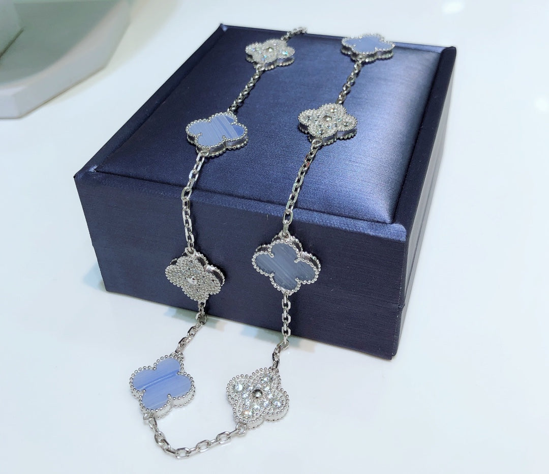 [Moco]CLOVER 10 MOTIFS CHALCEDONY DIAMONDS SILVER NECKLACE