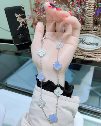 [Moco]CLOVER 10 MOTIFS CHALCEDONY DIAMONDS SILVER NECKLACE